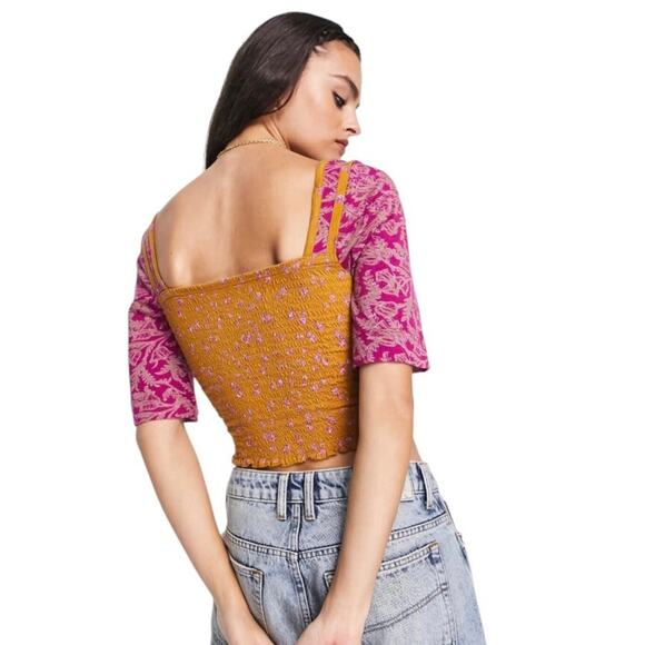 Free People NWT Chic Mix Print Effortless Style Comfort Smocked Golden Combo SM - Picture 2 of 16